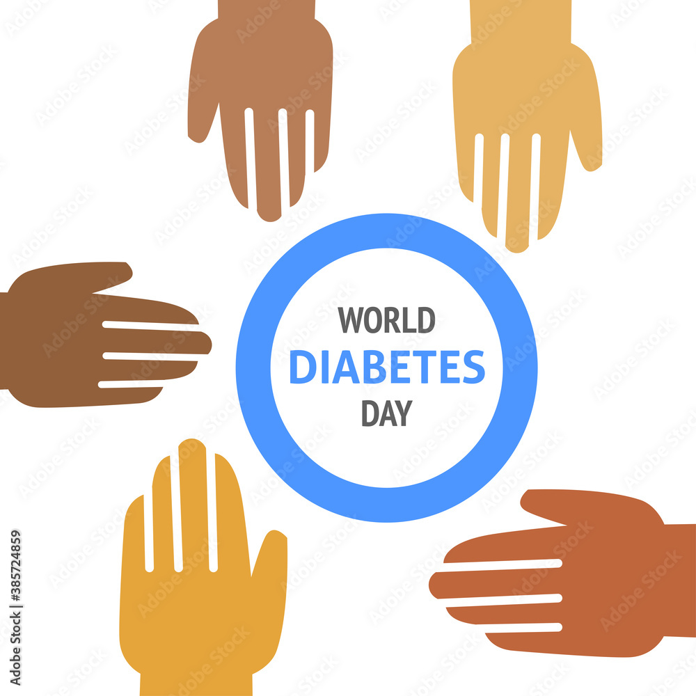 A square vector design of a flyer with hands and a blue circle. World diabetes day. Medical theme. A square vector design of a flyer with hands and a blue circle. World diabetes day. Medical theme.