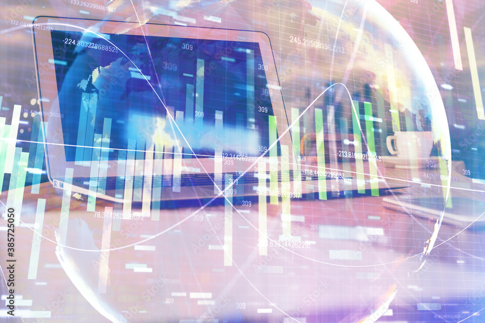 Multi exposure of business theme icons and work space with computer background. Concept of success. Multi exposure of business theme icons and work space with computer background. Concept of success.