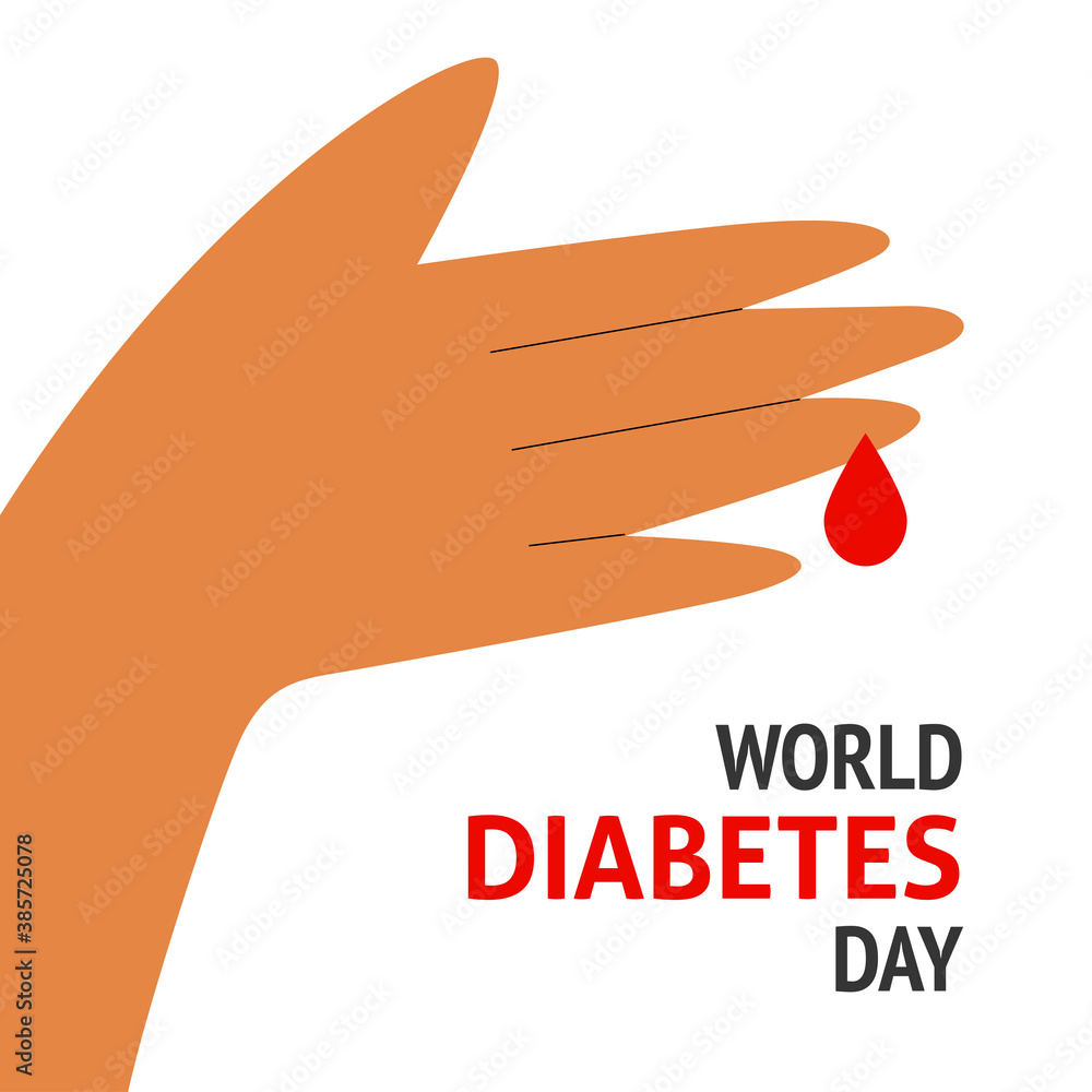 A square vector design of a flyer with a hand and a blood drop. World diabetes day. Medical theme. A square vector design of a flyer with a hand and a blood drop. World diabetes day. Medical theme.