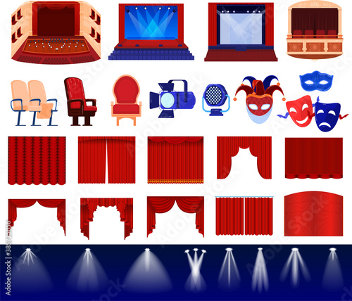 Theater stage decoration vector illustration set. Cartoon flat theatre decorative items collection with red classic open and closed curtains, theatrical show masks, chair, spotlight isolated on white