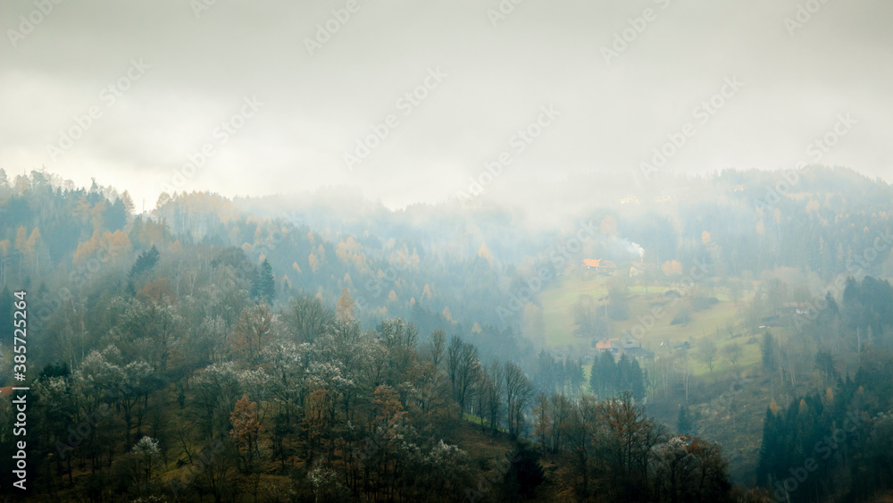Winter landscape on misty morning. View of a village in valley, Austria