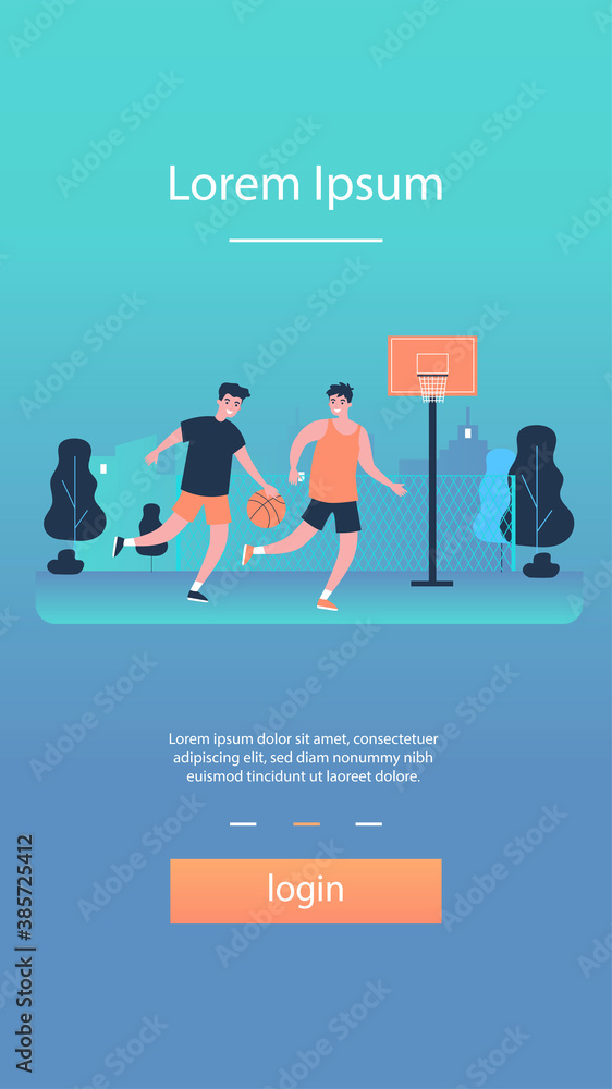 Friends playing basketball on court. Two male players with ball training on stadium. Vector illustration for urban sport, game, match, hobby, outdoor activity concepts Friends playing basketball on court. Two male players with ball training on stadium. Vector illustration for urban sport, game, match, hobby, outdoor activity concepts