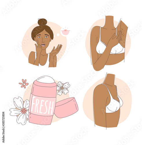 Pimples on face. Hair in armpits. Breast development. Women deodorant.