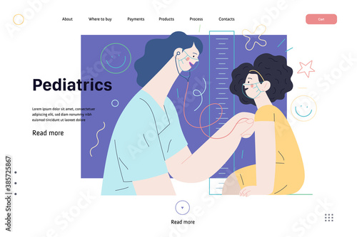 Pediatrics - medical insurance -modern flat vector concept digital illustration - female pediatrician carrying out the auscultation of a little girl with a stethoscope, medical office or laboratory