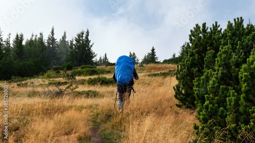 Tourist with large blue backpack walking in a mountain meadow, Low Tatras, Slovakia. © Radek Vicar