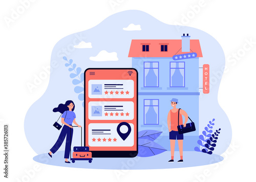 Tiny tourists booking hotel online flat vector illustration. Abstract search or choice of hostel and apartments via internet. Trip, vacation and accommodation concept
