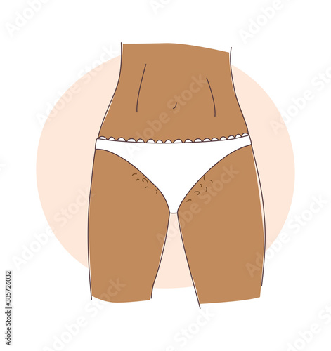 The teenage girl and pubic hair. Wears white panties