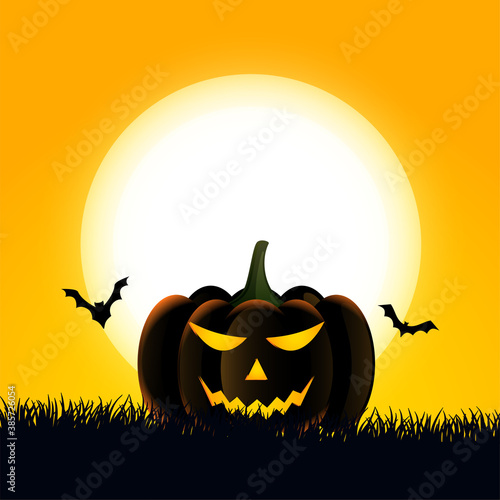 Happy halloween card with scary pumpkin and bats