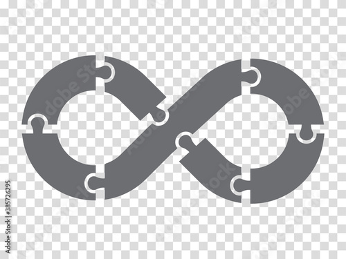Simple icon Infinity puzzle in gray. Infinity puzzle of seven pieces on transparent background. Flat design.  EPS10.