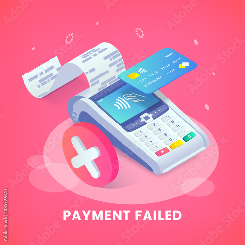 Isometric shopping, error contactless payments banner. 3d payment terminal with red cross checkmark concept. Cashless NFC payment transaction canceled. Vector Flat payments machine