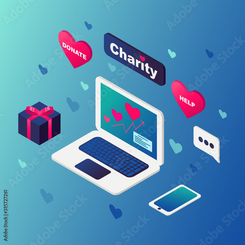 Vector isometric concept illustration of donation center helping homeless and needy people.