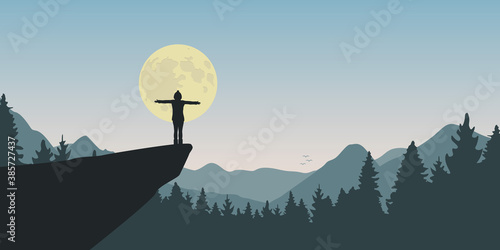 lonely girl on a cliff looks to the full moon at nature landscape vector illustration EPS10