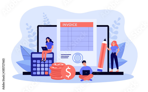 Tiny accountants working on computer invoice isolated flat vector illustration. Cartoon characters preparing reports about VAT, payroll and paid money. Online payment and accounting concept