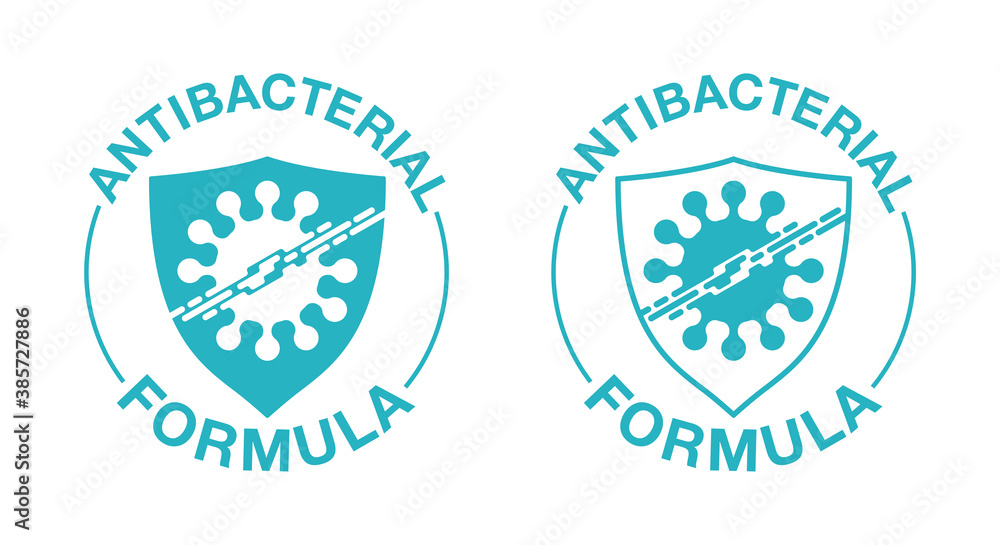 Antibacterial formula stamp - shield with crossed bacterium inside - vector isolated sign for antiseptic cosmetics and medical pharmaceutical products Antibacterial formula stamp - shield with crossed bacterium inside - vector isolated sign for antiseptic cosmetics and medical pharmaceutical products