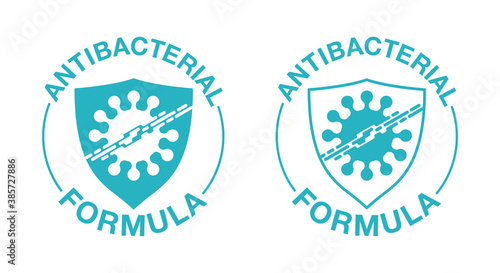 Antibacterial formula stamp - shield with crossed bacterium inside - vector isolated sign for antiseptic cosmetics and medical pharmaceutical products