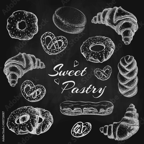 chalk drawn donut croissant eclair, pretzel. variety pastries on black chalkboard. bakery goods vector illustration on blackboard. pastry chalky sketch for cafe, bakery shop menu design. vintage style