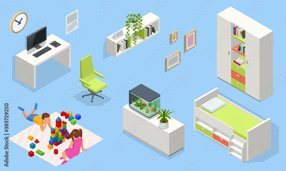 Isometirc interior furniture for modern teenager room interior with comfortable bed. Idea for interior decor. Interior of modern study room for teenager Isometirc interior furniture for modern teenager room interior with comfortable bed. Idea for interior decor. Interior of modern study room for teenager