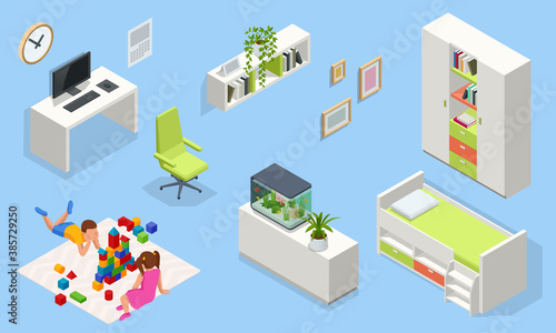 Isometirc interior furniture for modern teenager room interior with comfortable bed. Idea for interior decor. Interior of modern study room for teenager