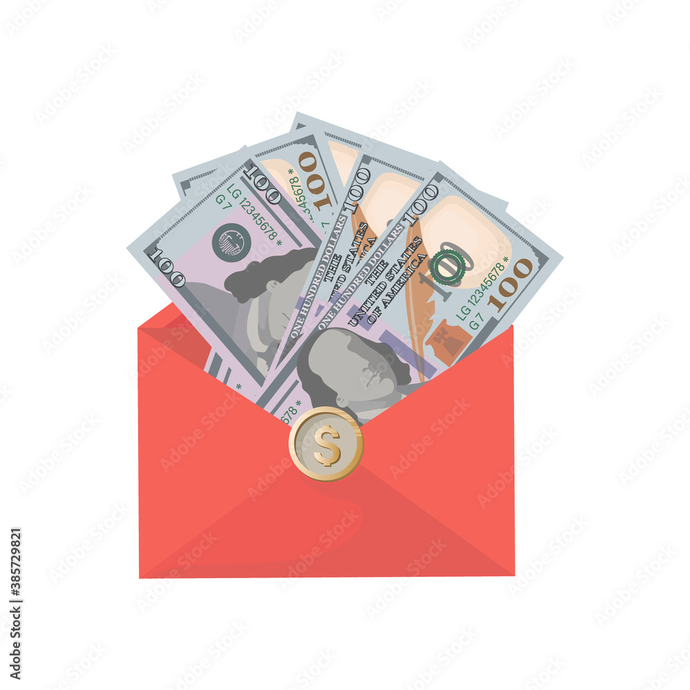 Hundred Dollar Bills. Vector money in red envelope. American money sign. Business concept. Cash money turnover. Design for business project, information. Vector illustration Hundred Dollar Bills. Vector money in red envelope. American money sign. Business concept. Cash money turnover. Design for business project, information. Vector illustration