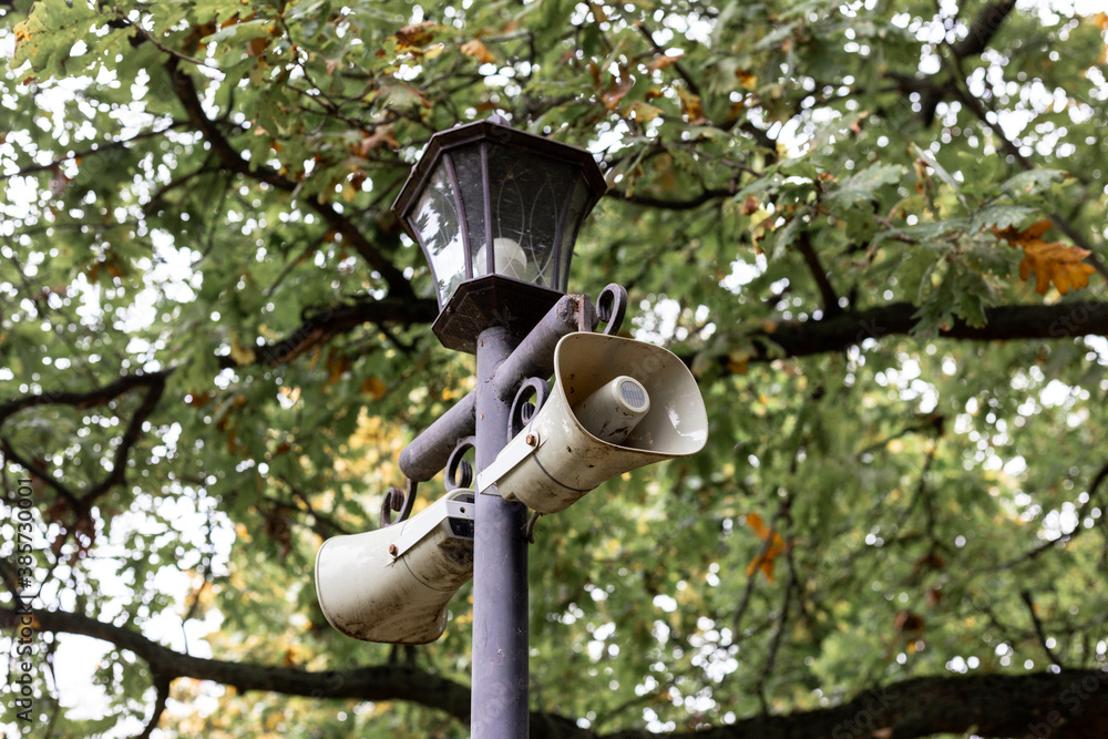 Street lamp with loudspeakers installed on it Street lamp with loudspeakers installed on it