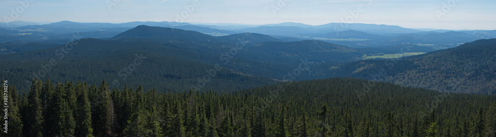 Panoramic view form the outlook tower on the summit of Boubin in Bohemia Forest,South Bohemian Region,Czech republic,Europe

