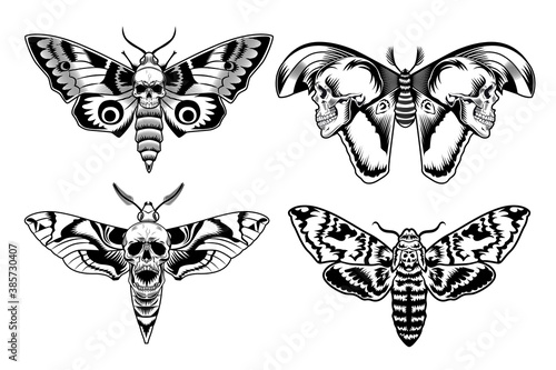 Moth with skull set. Scary butterfly in vintage style, monochrome death symbols collection. Vector illustration for tattoos templates or gothic culture concept photo