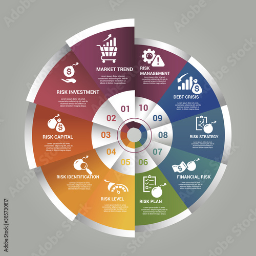 Infographic Management template. Icons in different colors. Include Market Trend, Investment, Risk Capital, Identification and others.