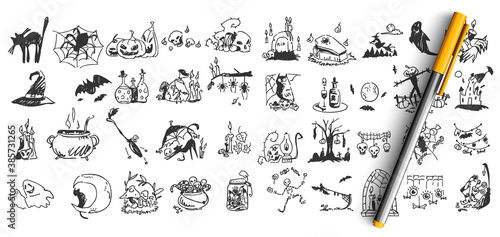Halloween doodle set. Collection of hand drawn pencil sketches templates patterns of bats pumpkins zombies owls ghots creatures on white background. Illustration of all saints day symbols.
