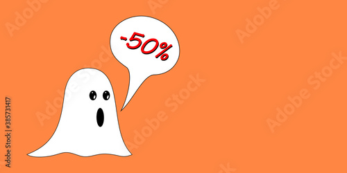 Halloween discount with amazed ghost, on orange isolated background. Red -50 percent in speech bubble. Empty space for text.