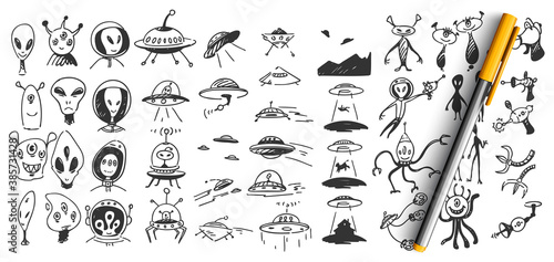 Aliens doodle set. Collection of hand drawn sketches templates patterns of outer space monsters creature inveders kidnapping people for experiments. Unknown flying objects and ufology illustration.