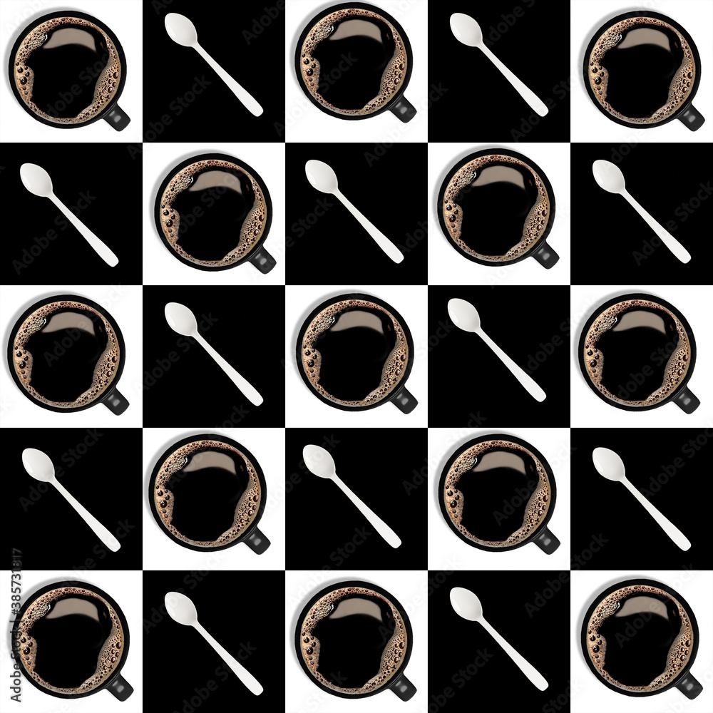 Cups of black coffee, white spoon on a black and white background