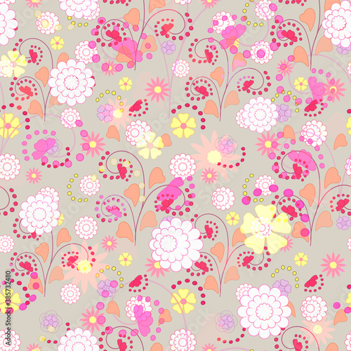 Seamless cute floral retro pattern. Pink, yellow , white flowers on a beige background.