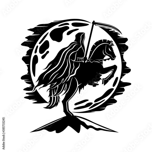 Moon and horseman of death with a scythe on a white background.