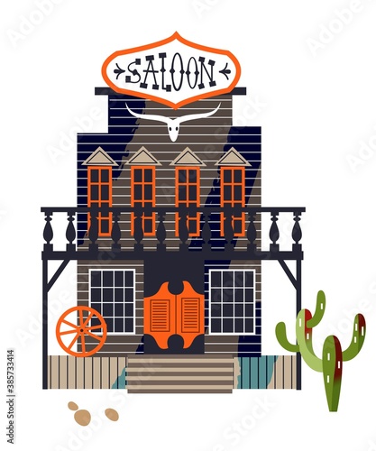 Wild west saloon building background. Western american town in wilderness vector illustration. Bar or pub house with door, windows and banner front view. Cactus and rocks on desert land