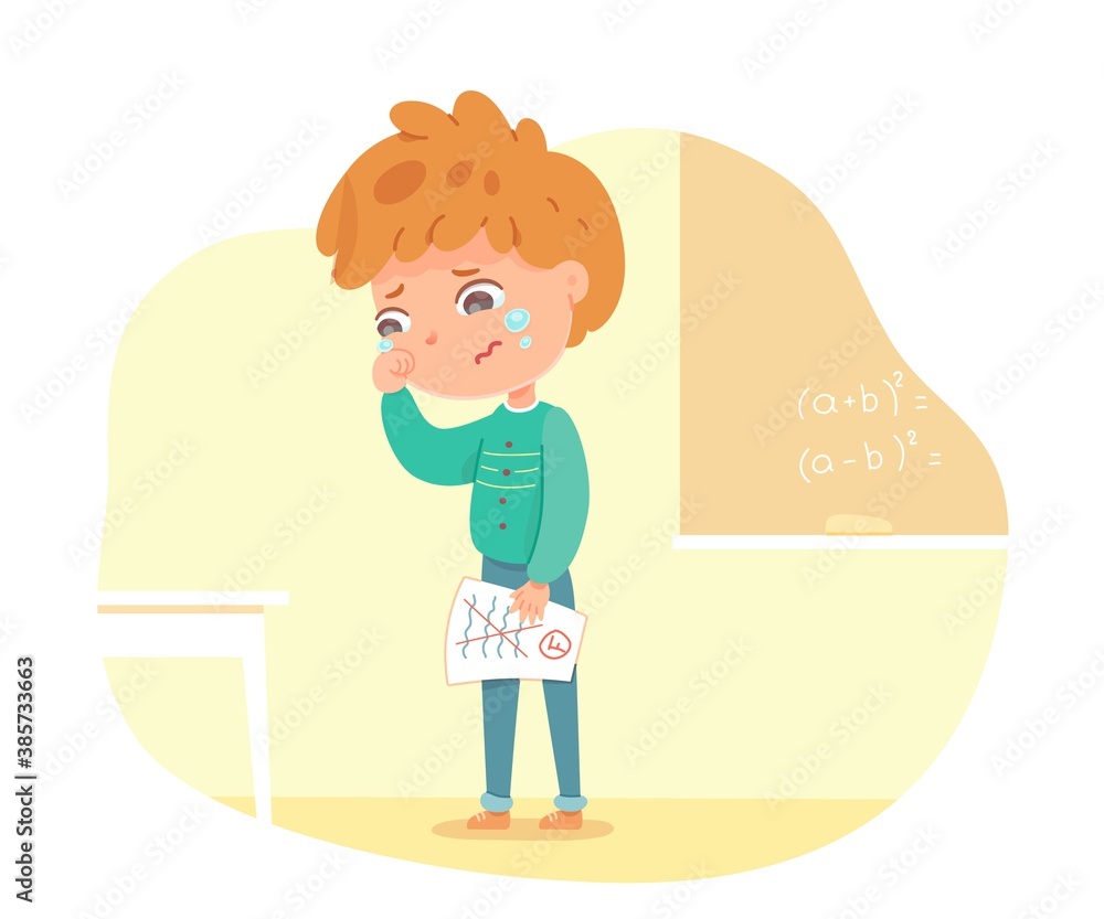 Sad upset kid in school with bad mark on paper. School education vector illustration. Boy crying after receiving bad grade on test or homework. Classroom interior design background