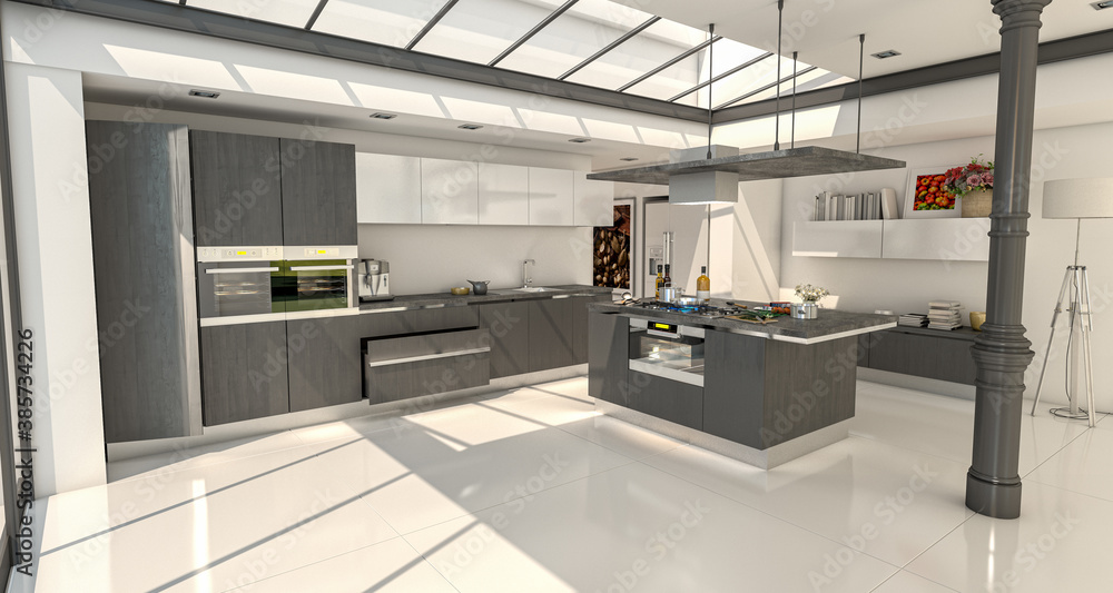 Industrial style domestic kitchen with glass roof in slate gray Industrial style domestic kitchen with glass roof in slate gray