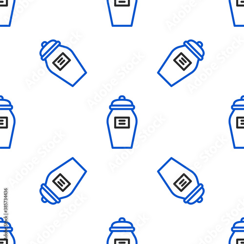 Line Funeral urn icon isolated seamless pattern on white background. Cremation and burial containers, columbarium vases, jars and pots with ashes. Colorful outline concept. Vector.