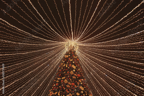 Winter holiday decorations outdoors: Christmas tree among canopy of lights