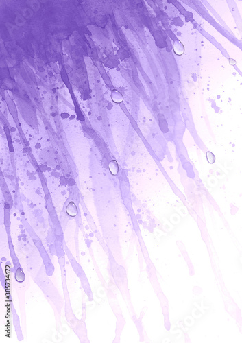 Watercolor lavender purple color splash background. Watercolour hand painted splashes illustration with 3d effect drops.