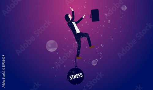 Businesswoman stress - Woman sinking and drowning under water, dragged down from ball on chain. Stressful life concept. Vector illustration.
