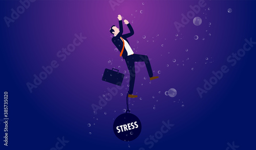 Stress - Businessman sinking under water with ball on chain dragging him down. Overworked and stressful life concept. Vector illustration.