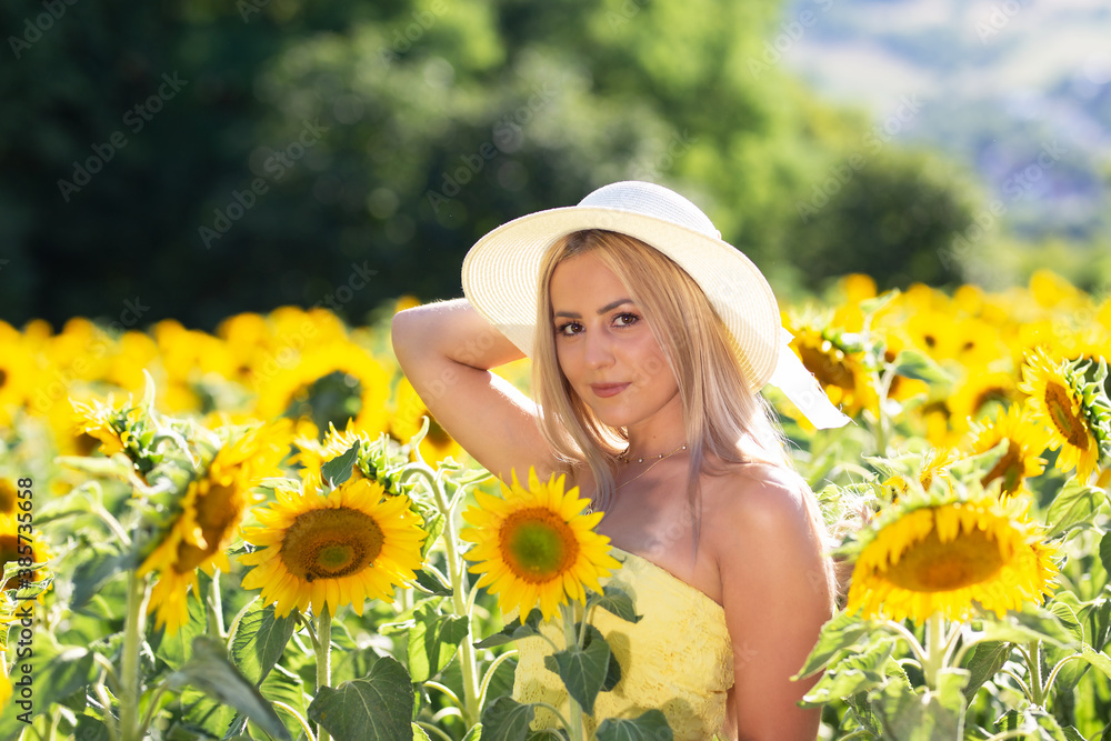 A young lady stands in a sunflower field A young lady stands in a sunflower field