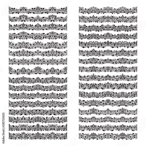 Vintage vector brushes big set. Borders templates kit for frames design and page decorations.