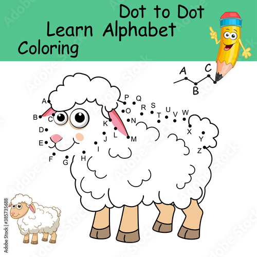 Dot to dot game with letters for kids. Learning the uppercase letters of the English alphabet with cute cartoon Sheep. Logic Game and Coloring Page for preschool. Worksheet for practicing alphabet. Stock Dot to dot game with letters for kids. Learning the uppercase letters of the English alphabet with cute cartoon Sheep. Logic Game and Coloring Page for preschool. Worksheet for practicing alphabet. Stock
