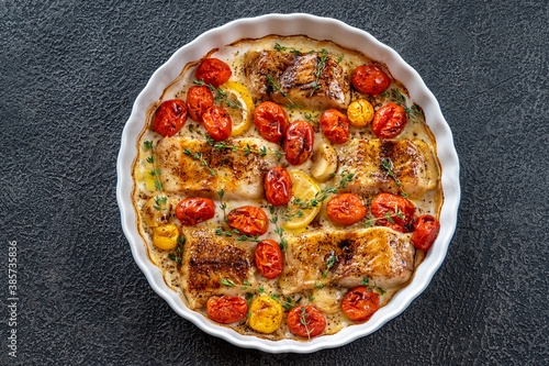 Baked cod with cherry tomatoes photo