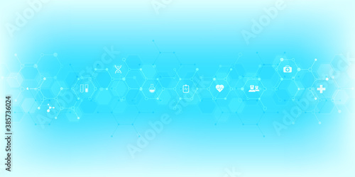 Healthcare and medical background with flat icons and symbols. Template design with concept and idea for healthcare technology, innovation medicine, health, science and research.