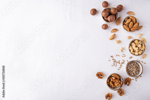Nuts assorted on white background. Top view
