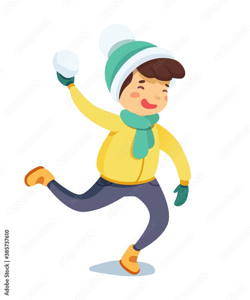 Boy playing snowball cartoon illustration. Kid having fun. Child throwing snowballs vector character. Winter entertainment, outdoor activity, leisure, active rest concept. Boy playing snowball cartoon illustration. Kid having fun. Child throwing snowballs vector character. Winter entertainment, outdoor activity, leisure, active rest concept.