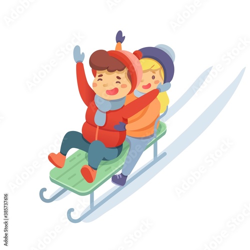 Winter sledding, fun flat vector illustration. Little boy and girl in warm clothing cartoon characters. Happy kids move down hill. Seasonal outdoor activity, childhood pastime. Active recreation.