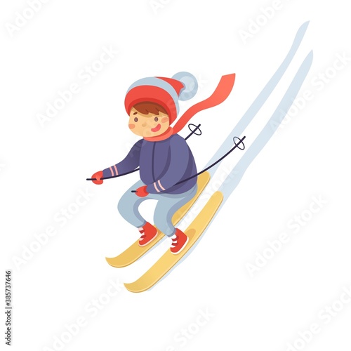 Little child skiing flat vector illustration. Smiling kid in warm clothes cartoon character. Happy childhood activity, winter holidays. Active outdoor pastime, sports leisure, seasonal recreation.